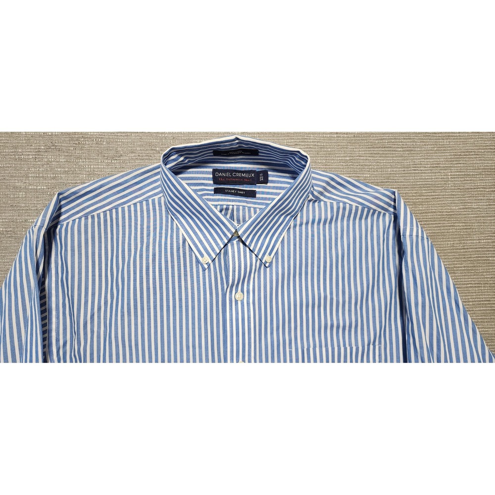 Daniel Cremieux Mens 17 34 Staney Shirt Blue White Striped Cotton Button Down - Picture 2 of 8